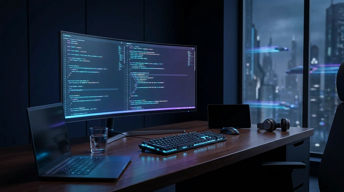 Futuristic web development workspace with a curved monitor displaying code.