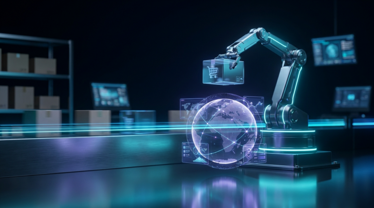 Robotic arm and digital globe representing automated e-commerce fulfillment.