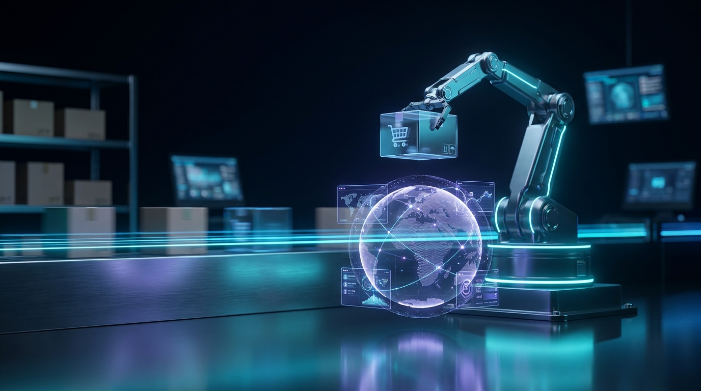 Robotic arm and digital globe representing automated e-commerce fulfillment.