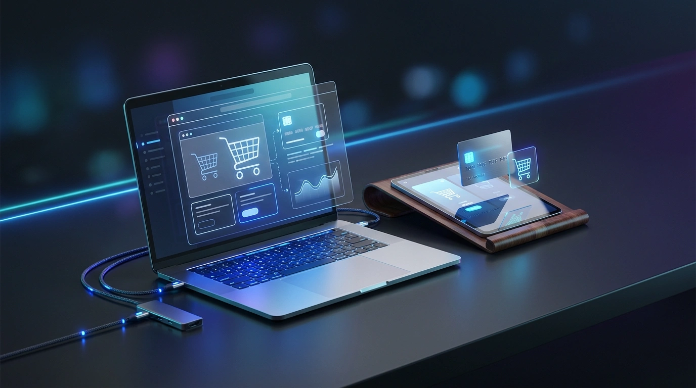 Laptop and tablet with e-commerce payment graphics connected by luminous cables.