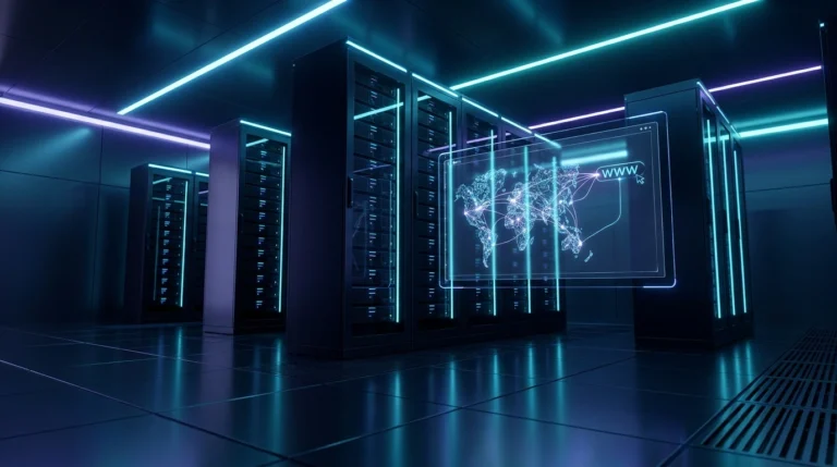 Futuristic server room with a glowing www domain and world map hologram.