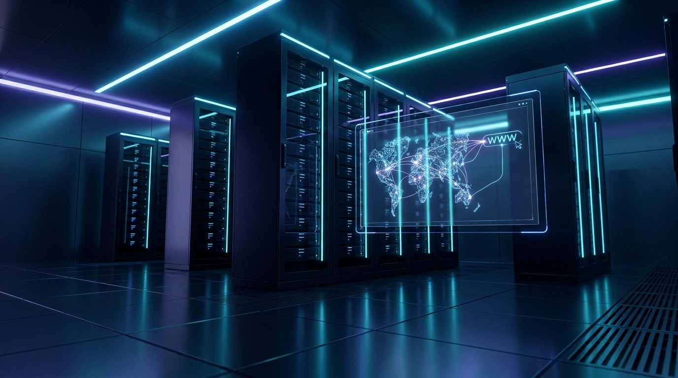 Futuristic server room with a glowing www domain and world map hologram.