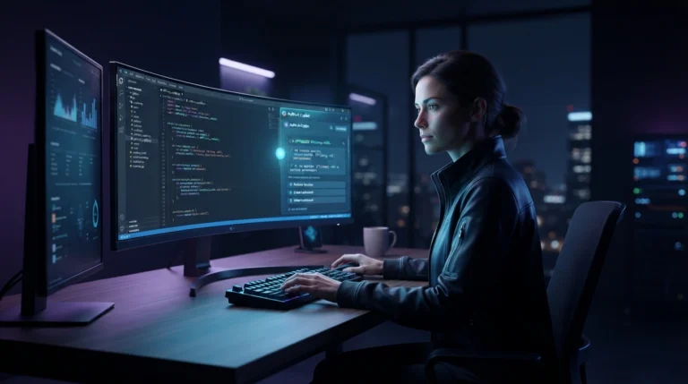 Software developer using AI-driven code editor and data analytics dashboards across multiple screens.