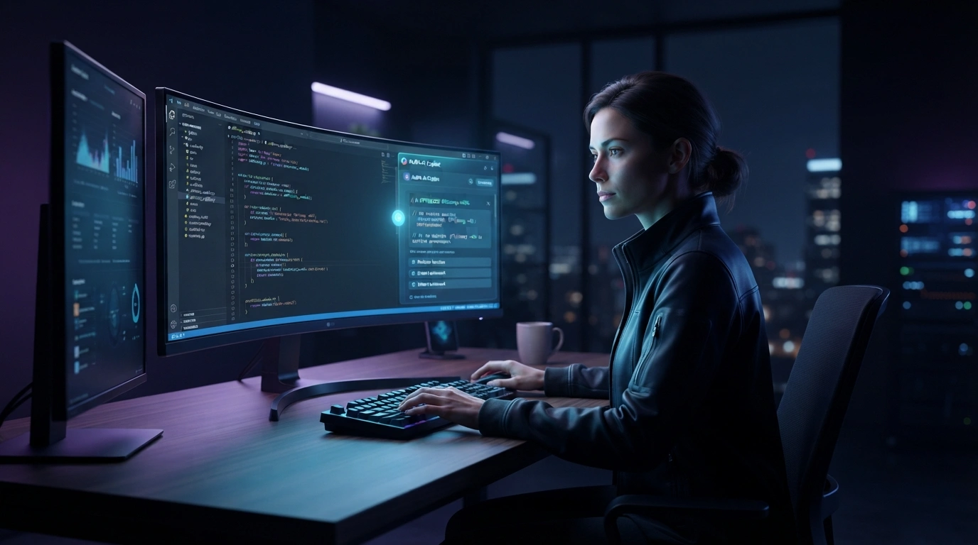 Software developer using AI-driven code editor and data analytics dashboards across multiple screens.