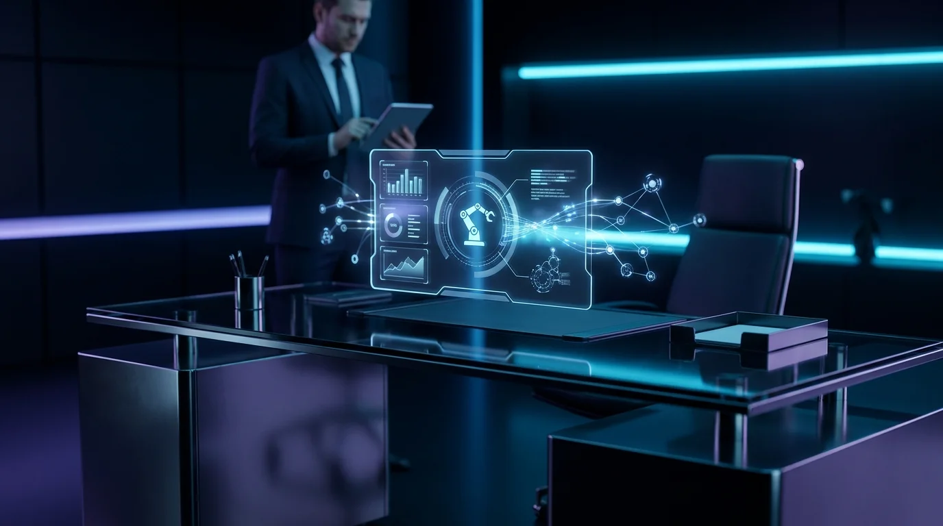 Businessman interacting with a glowing holographic AI workflow interface in a modern office.
