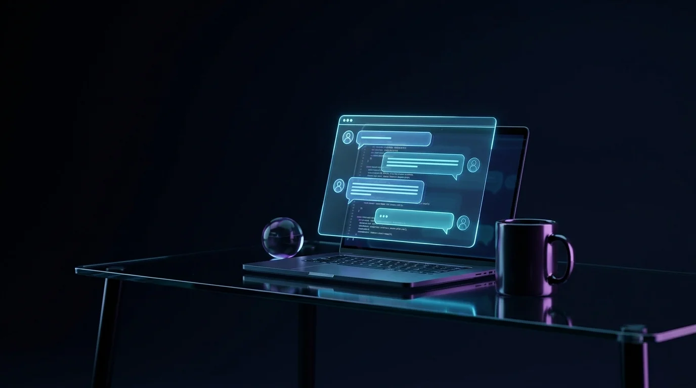Dark workstation with a laptop featuring a floating holographic AI chatbot interface.
