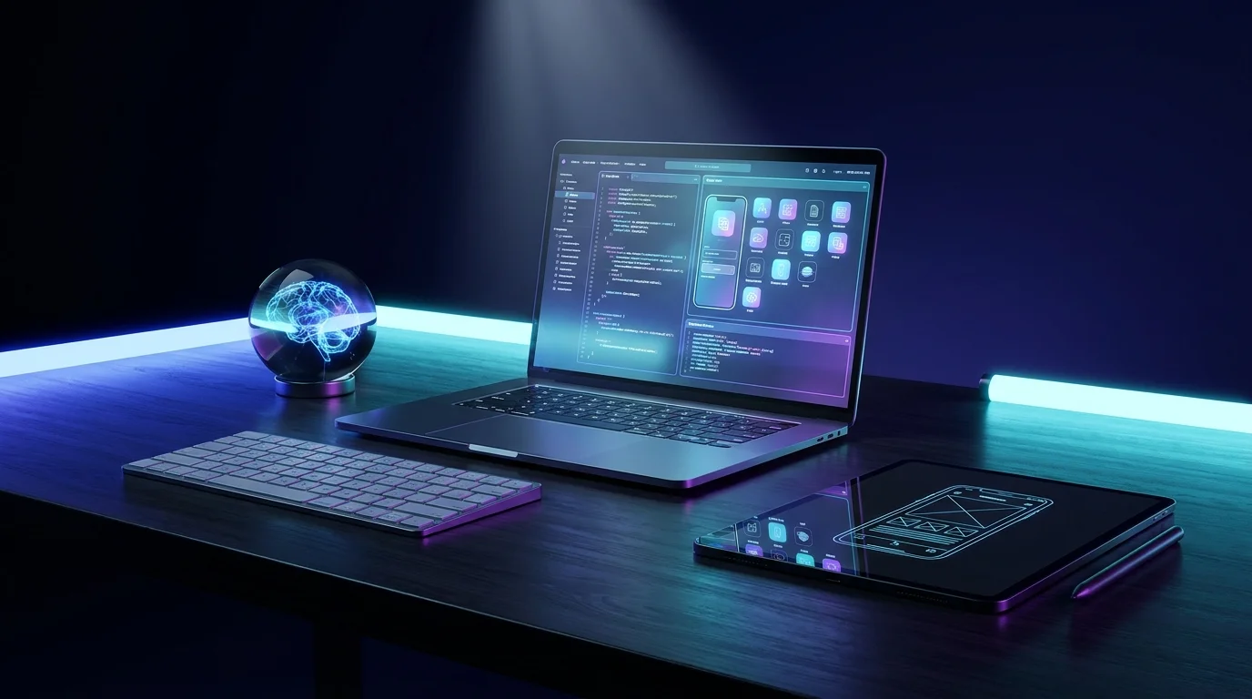 High-tech desk setup with a laptop showing an AI app development interface and a glowing brain sphere.