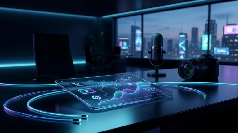 Modern social media marketing setup showing analytics graphs and app icons on a glass interface alongside podcasting and video equipment.