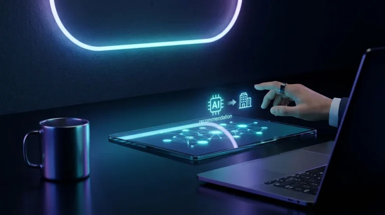 Workspace with a laptop and a glowing holographic AI recommendation display.